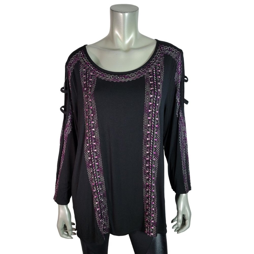 Westport Top Plus Size 2X Embroidered Cold‎ Shoulder Long Sleeve Stretch Black